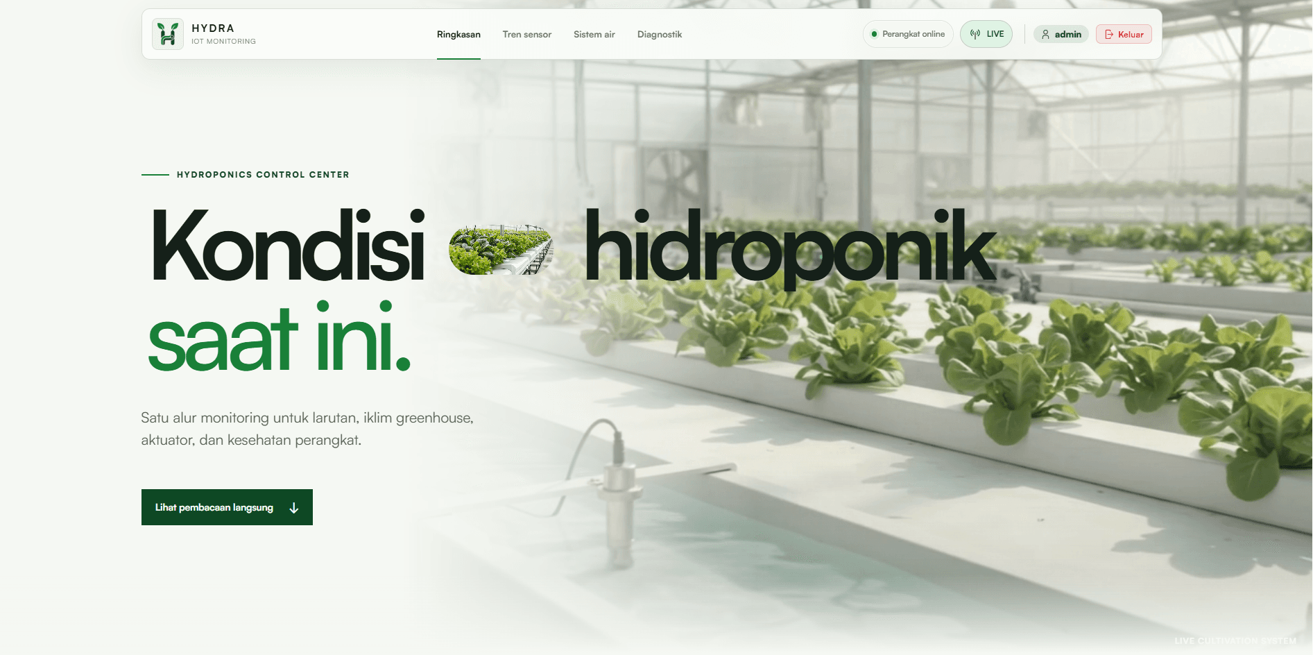 Tampilan website kontrol hidroponik berwarna terang dengan hero greenhouse dan navigasi monitoring